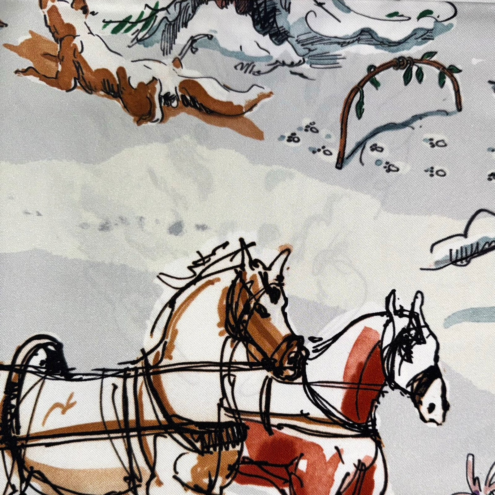 Longchamp Scarf Winter Snow Sleigh With Horses - Square Twill Silk Foulard