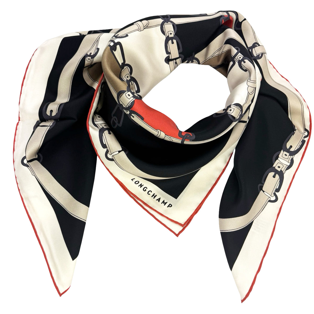 Longchamp Scarf Black Red Belts Design - Square Twill Silk Foulard