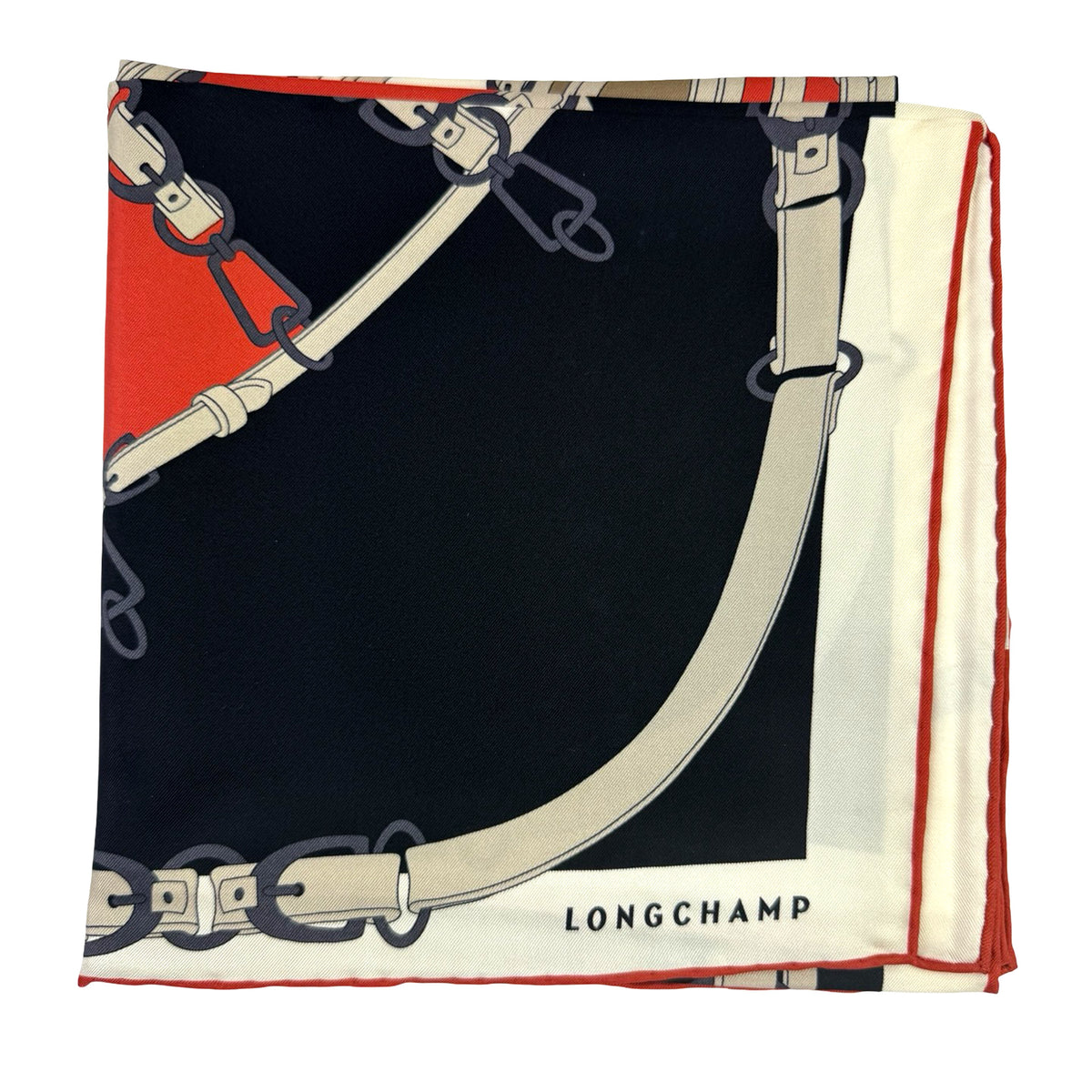 Longchamp Scarf Black Red Design - Square Twill Silk Foulard
