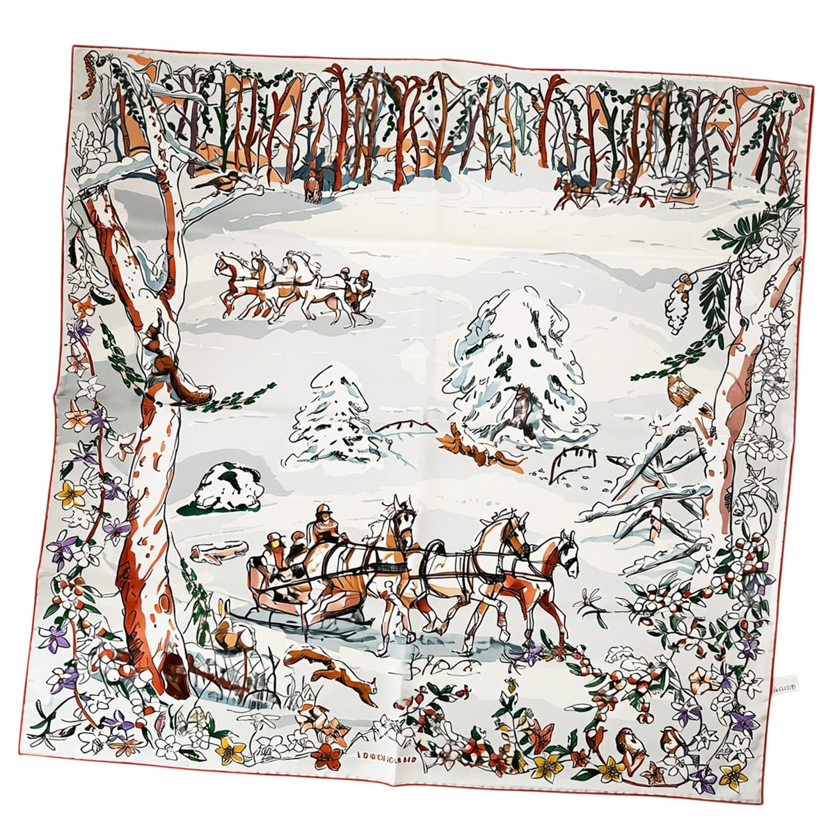 Longchamp Scarf Winter Snow Sleigh With Horses - Square Twill Silk Foulard