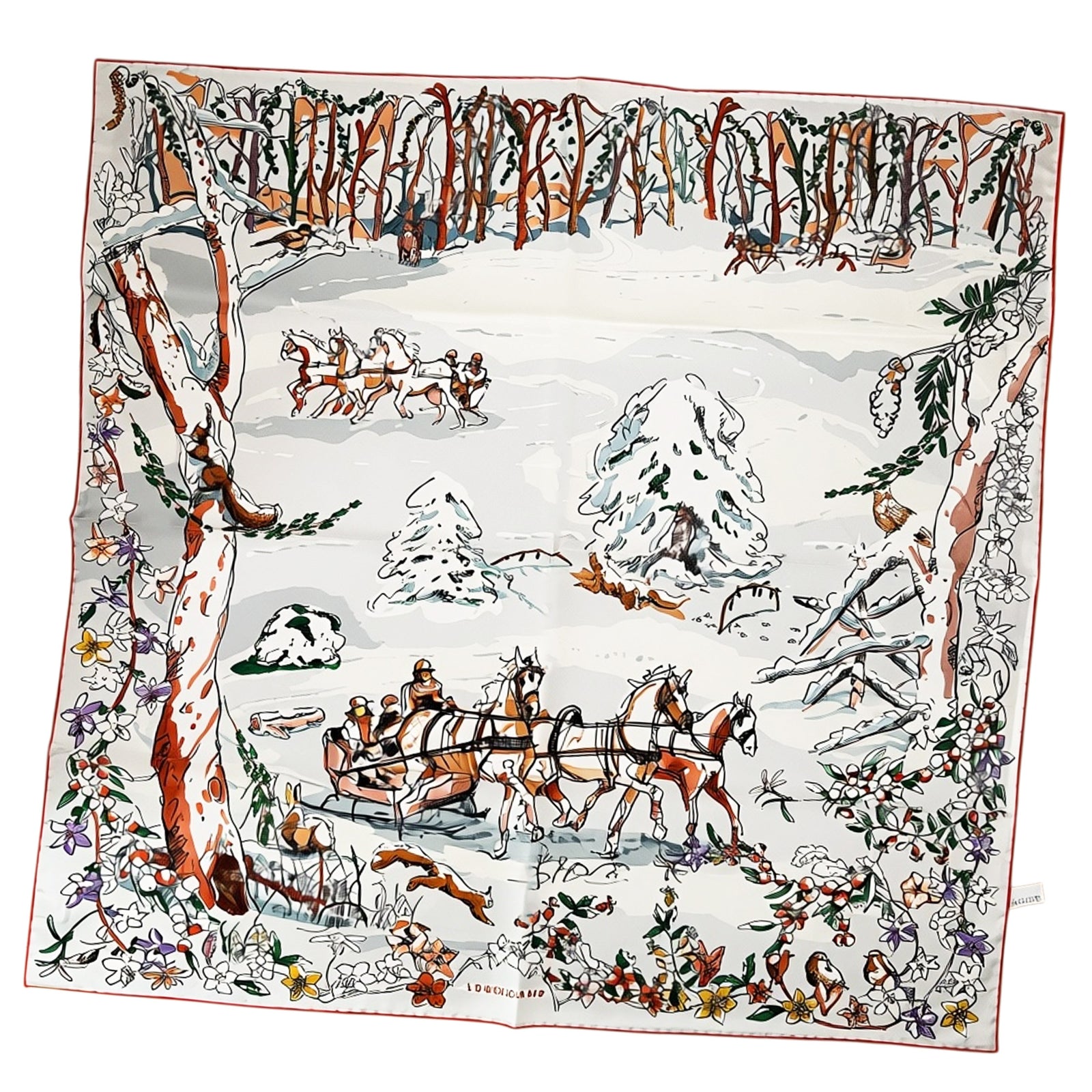 Longchamp Scarf Winter Snow Sleigh With Horses - Square Twill Silk Foulard