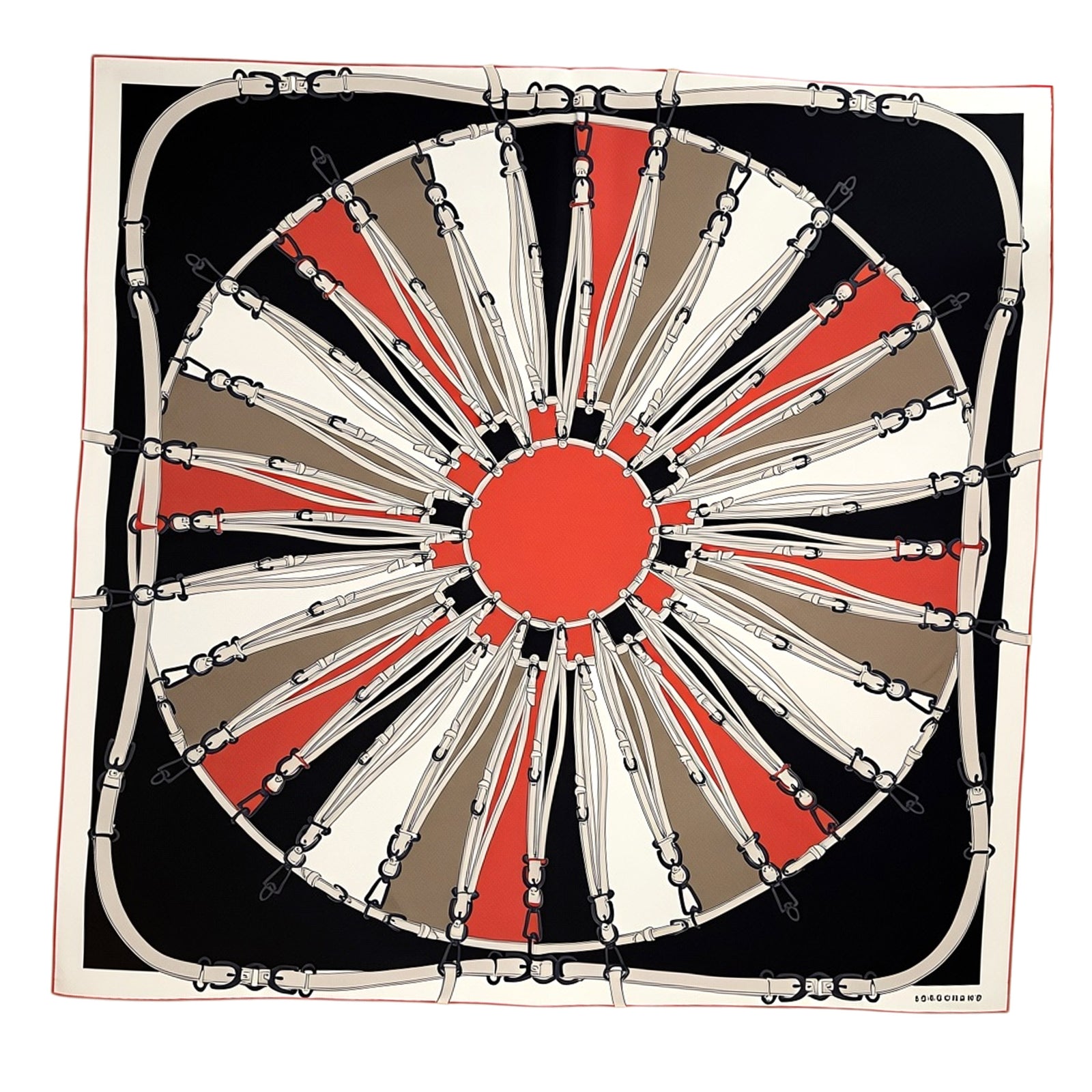 Longchamp Scarf Black Red Belts Design - Square Twill Silk Foulard