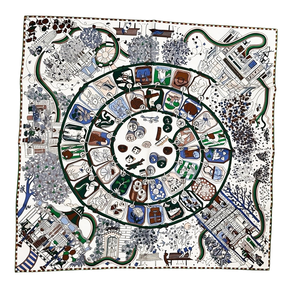 Longchamp Scarf Green Cafe Longchamp Design - Square Twill Silk Foulard