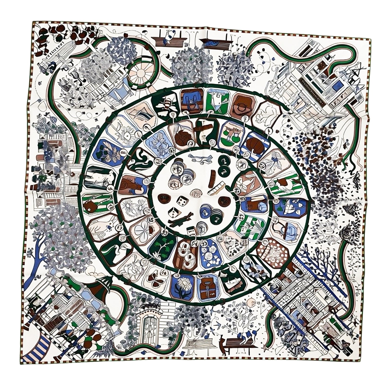 Longchamp Scarf Green Cafe Longchamp Design - Square Twill Silk Foulard