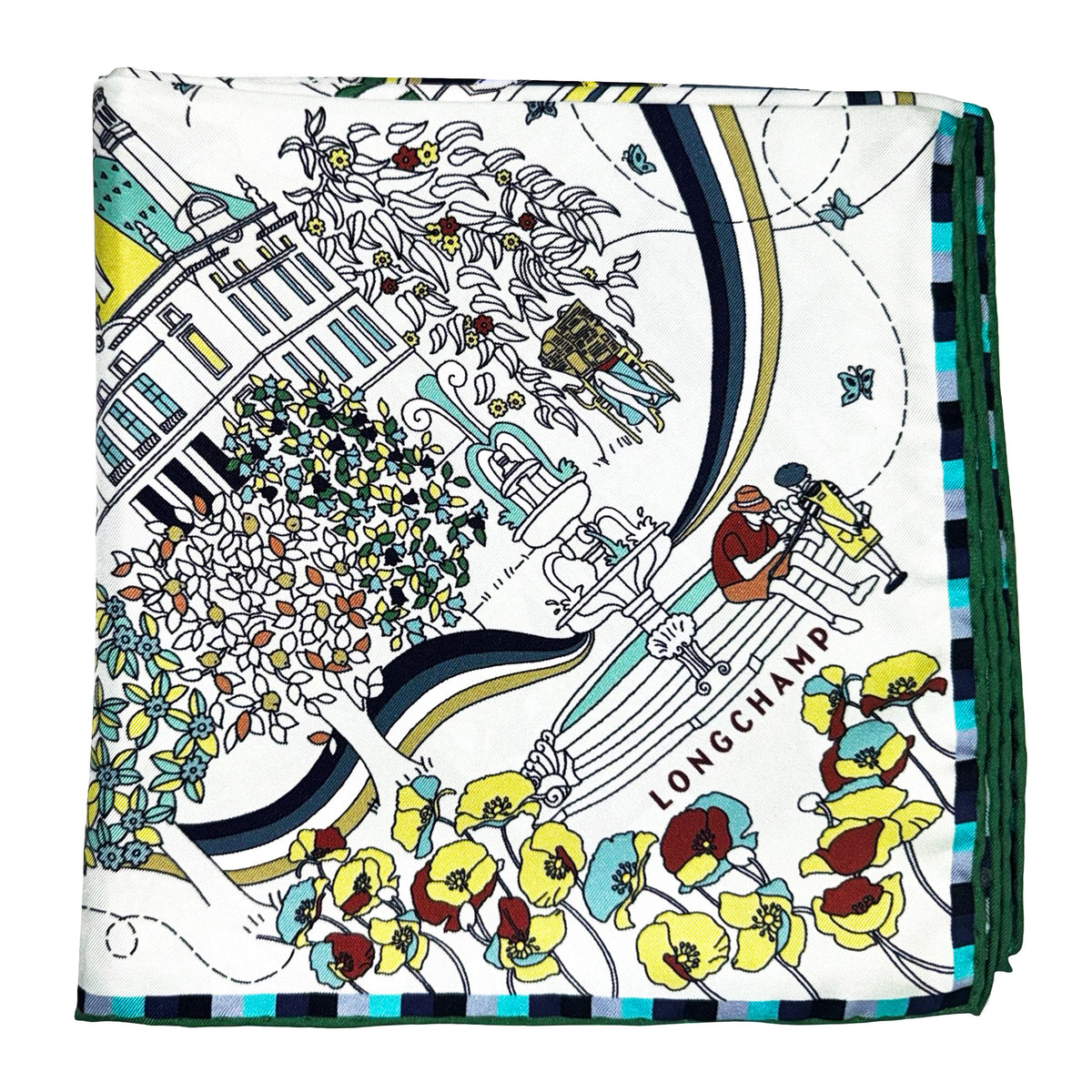Longchamp Scarf Green Cafe Longchamp Design - Square Twill Silk Foulard