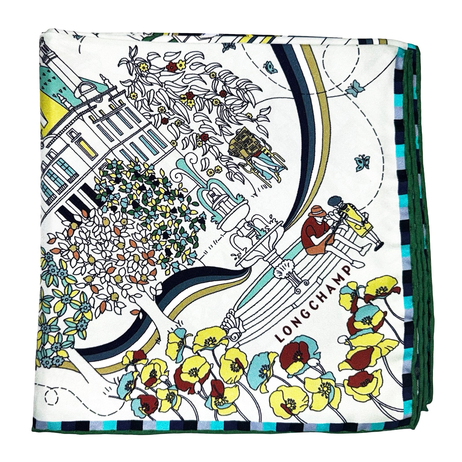 Longchamp Scarf Green Cafe Longchamp Design - Square Twill Silk Foulard
