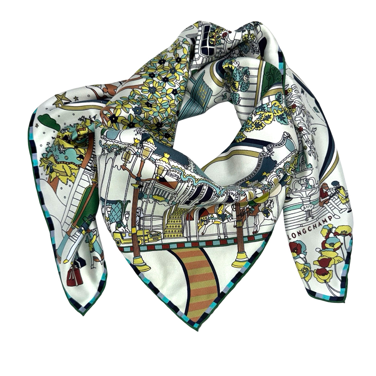 Longchamp Scarf Green Cafe Longchamp Design - Square Twill Silk Foulard
