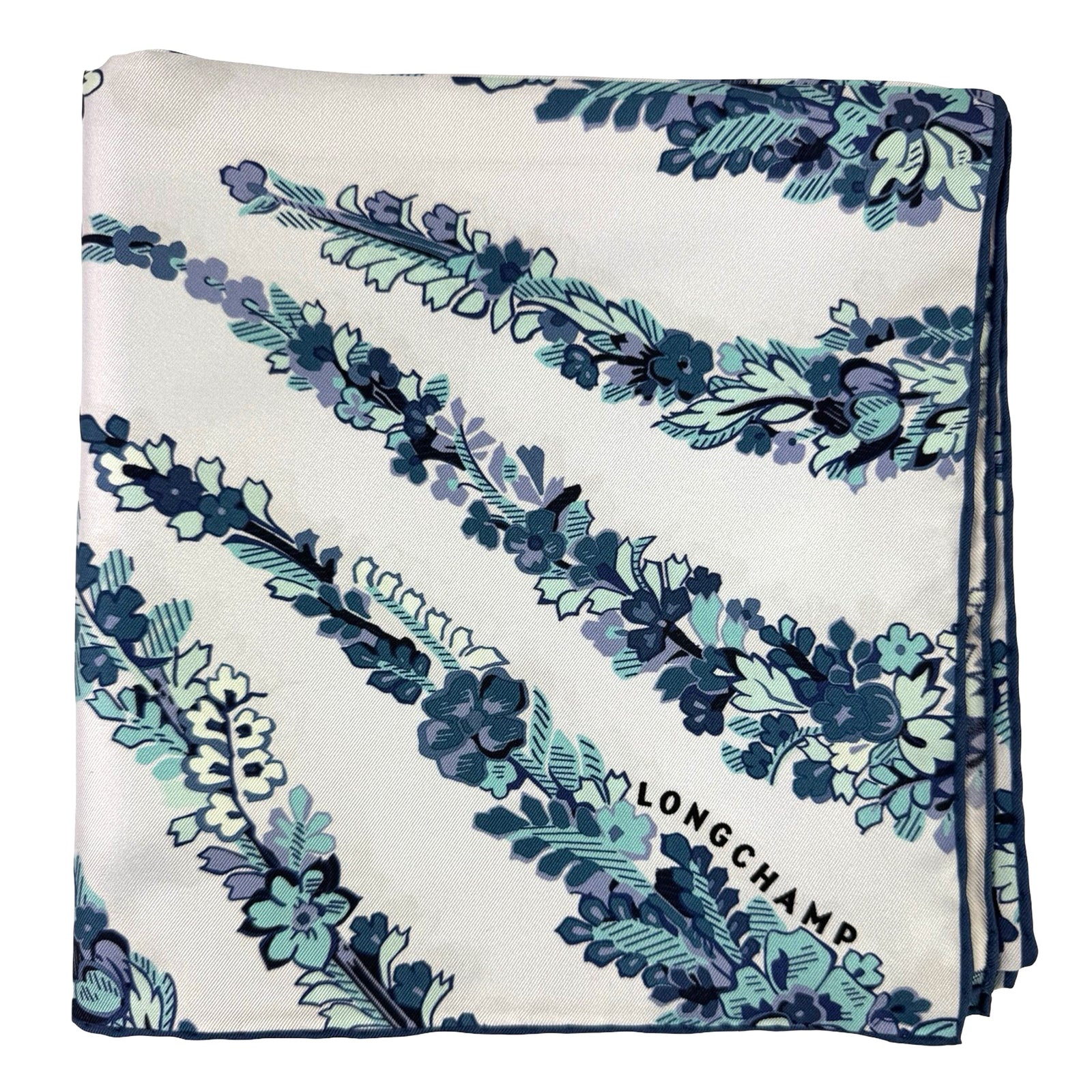 Longchamp Scarf Blue Floral - Square Twill Silk Foulard
