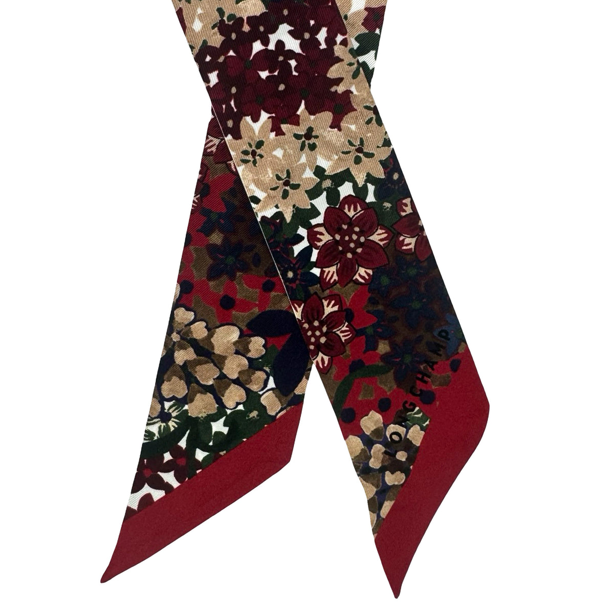 Longchamp Skinny Scarf Bordeaux Taupe Floral Design - Twill Silk Twilly