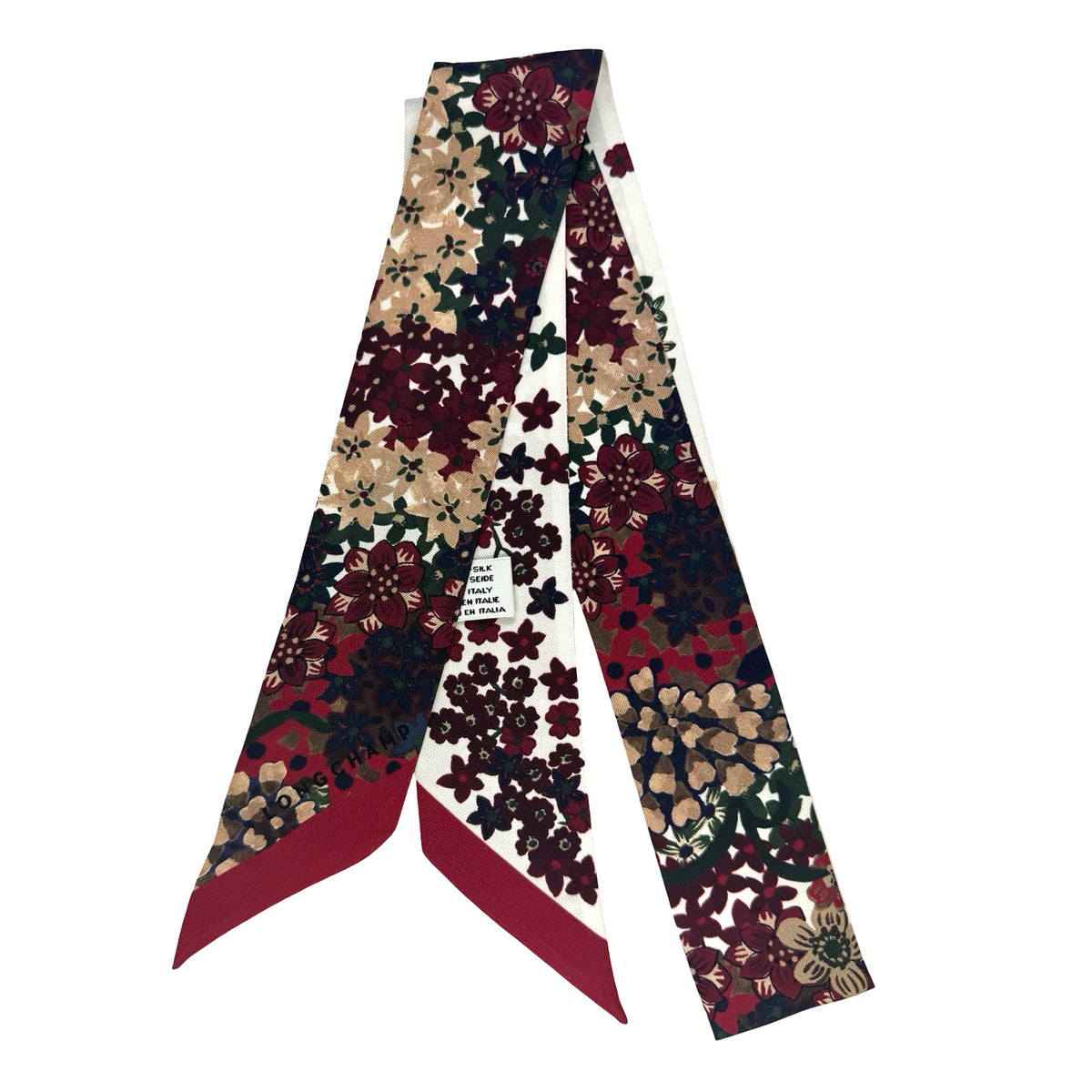 Longchamp Skinny Scarf Bordeaux Taupe Floral Design - Twill Silk Twilly