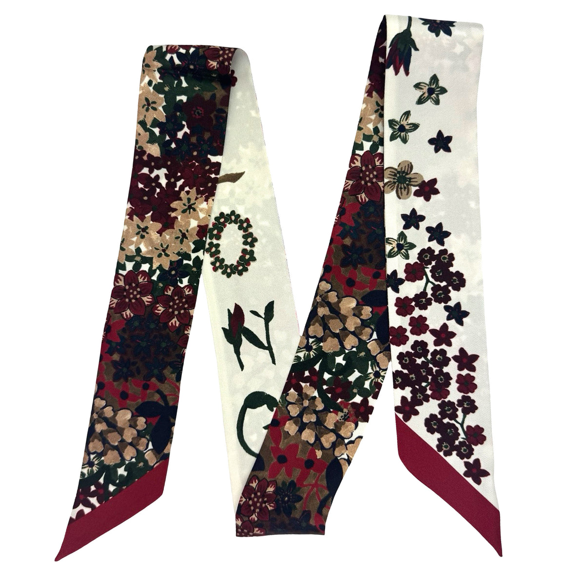 Longchamp Skinny Scarf Bordeaux Taupe Floral Design 
