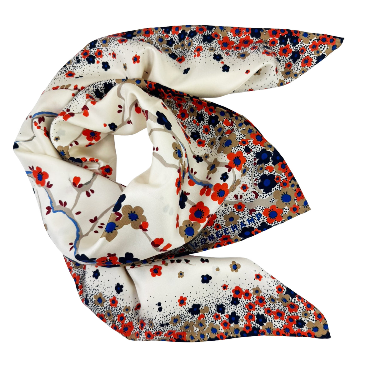 Longchamp Scarf Mini Flowers &amp; Birds Design - Square Twill Silk Foulard