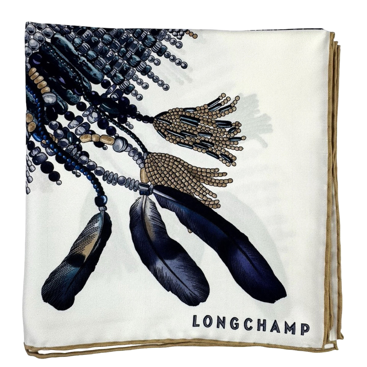 Longchamp Scarf Grey Blue Brown COLLIER MASSAÏ - Square Twill Silk Foulard