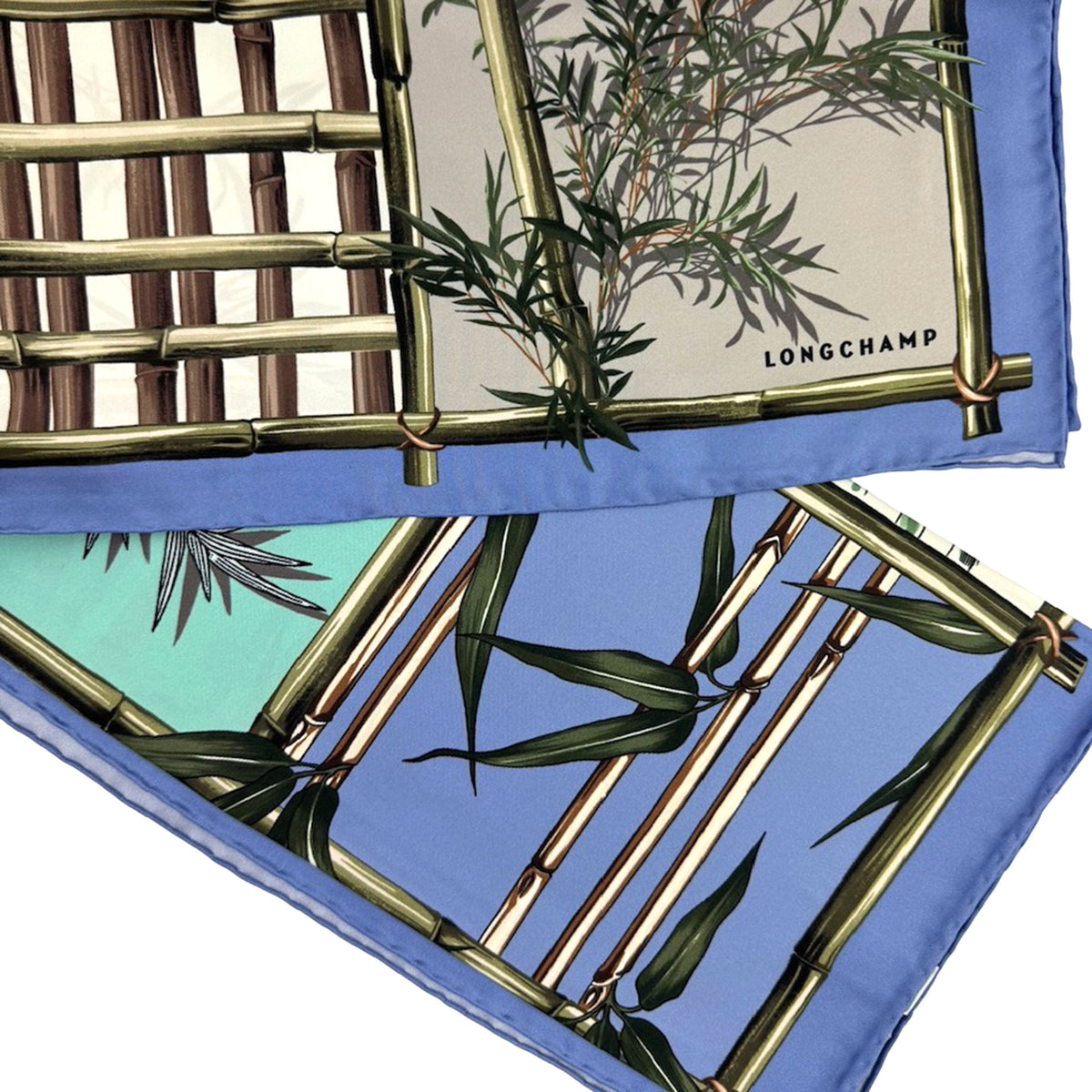 Longchamp Scarf Blue Green Bamboo Theme - Square Twill Silk Foulard