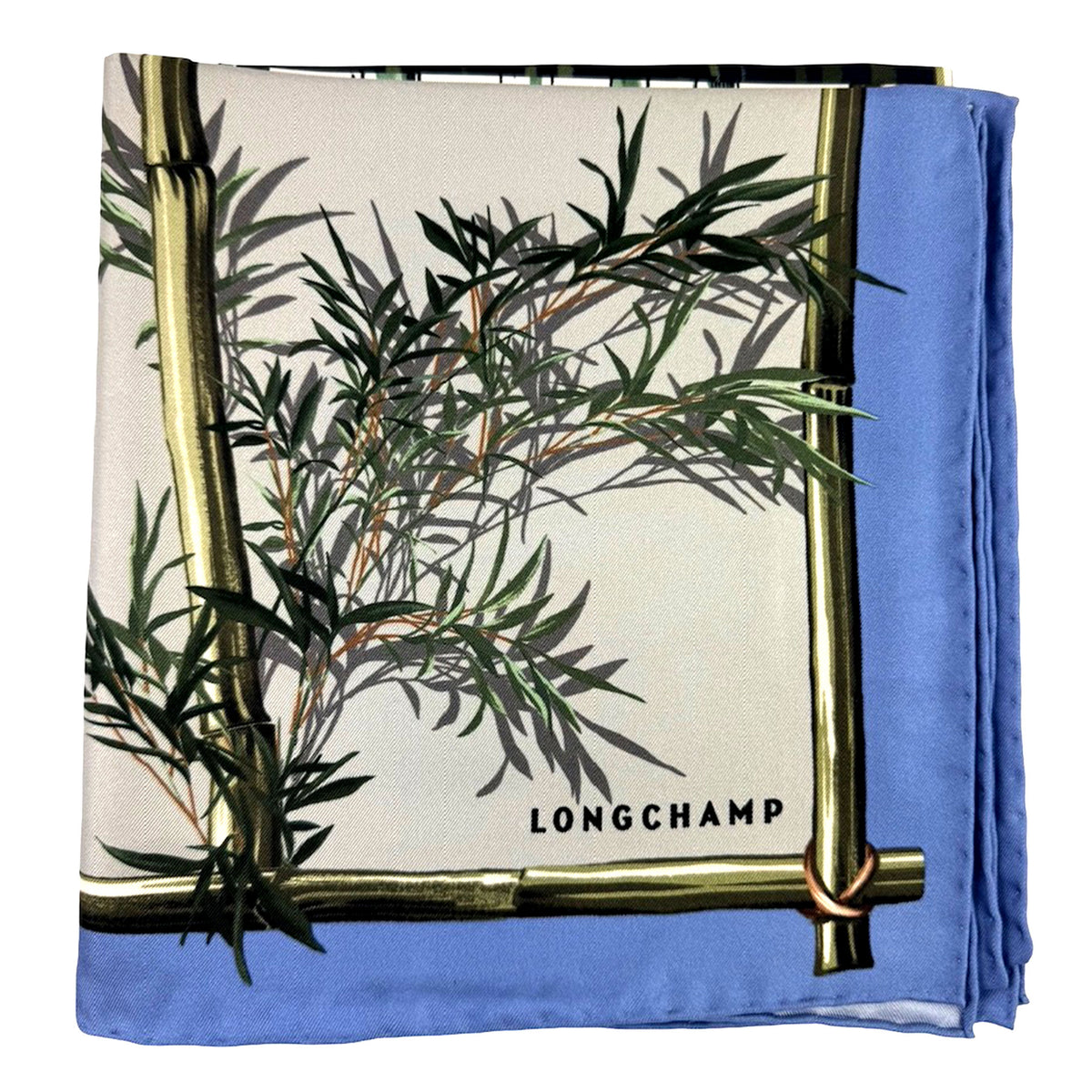 Longchamp Scarf Blue Green Bamboo Theme - Square Twill Silk Foulard