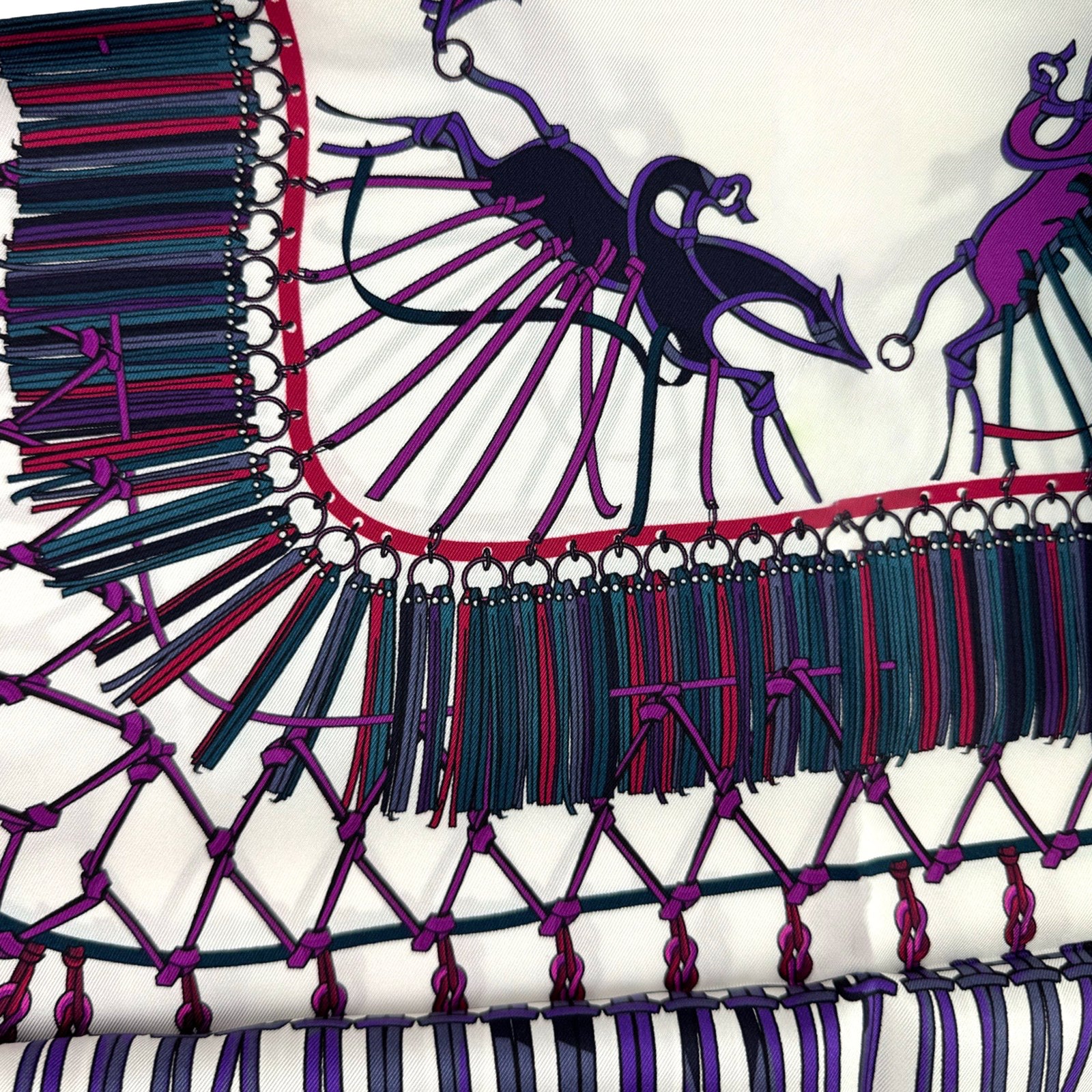 Longchamp Scarf Purple and White Tassel & Emblematic Horse Logo - Square Twill Silk Foulard