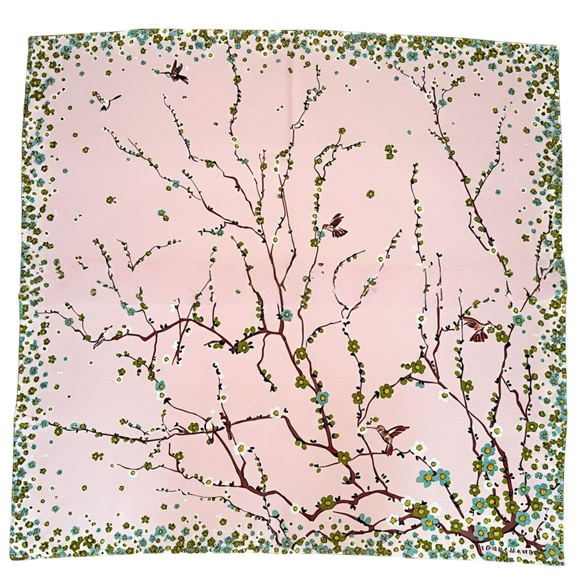 Longchamp Scarf Pink Green Mini Flowers &amp; Birds Design - Square Twill Silk Foulard