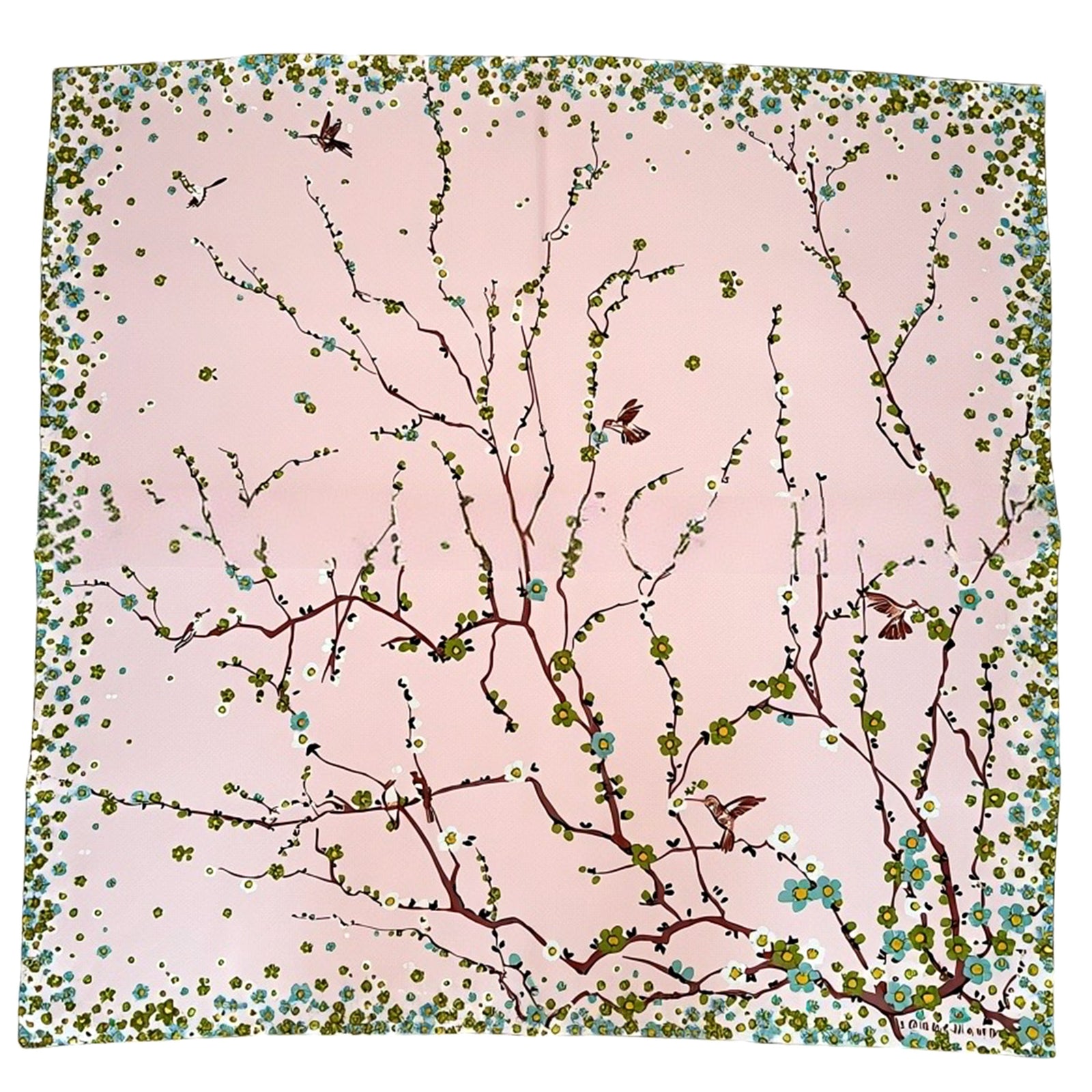 Longchamp Scarf Pink Green Mini Flowers & Birds Design - Square Twill Silk Foulard