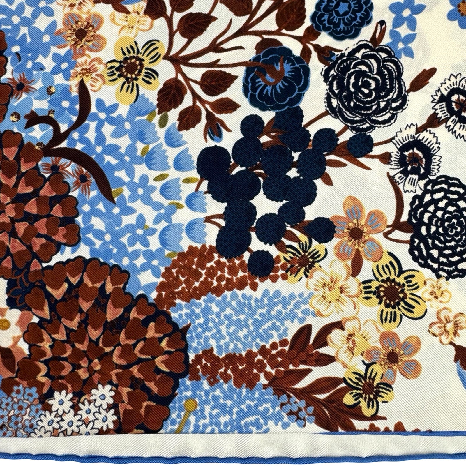 Longchamp Scarf Blue Rust Brown Botanical - Square Twill Silk Foulard