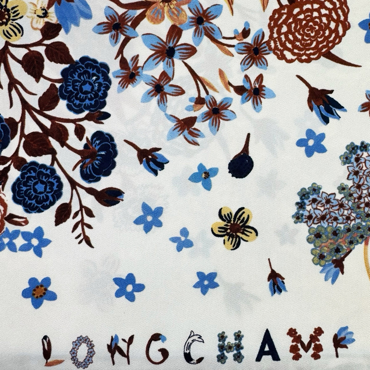 Longchamp Scarf Blue Rust Brown Botanical  - Square Twill Silk Foulard