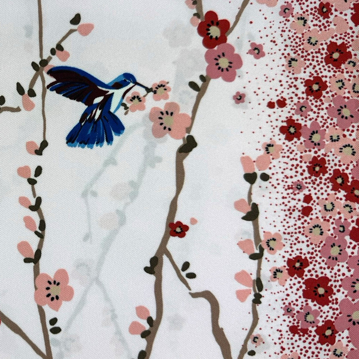 Longchamp Scarf Pink Red Blue Mini Flowers &amp; Birds Design - Square Twill Silk Foulard