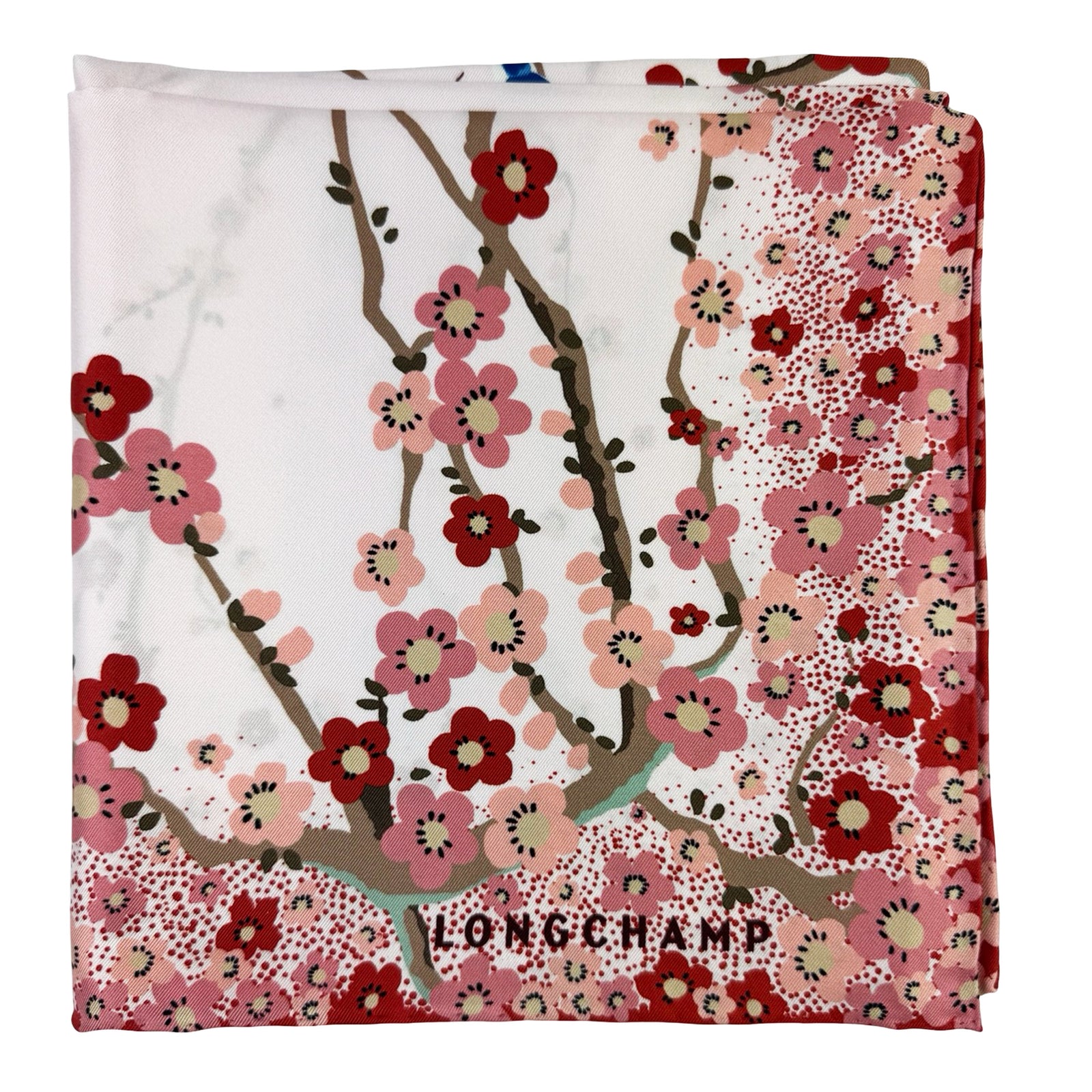 Longchamp Scarf Pink Red Blue Mini Flowers & Birds Design - Square Twill Silk Foulard