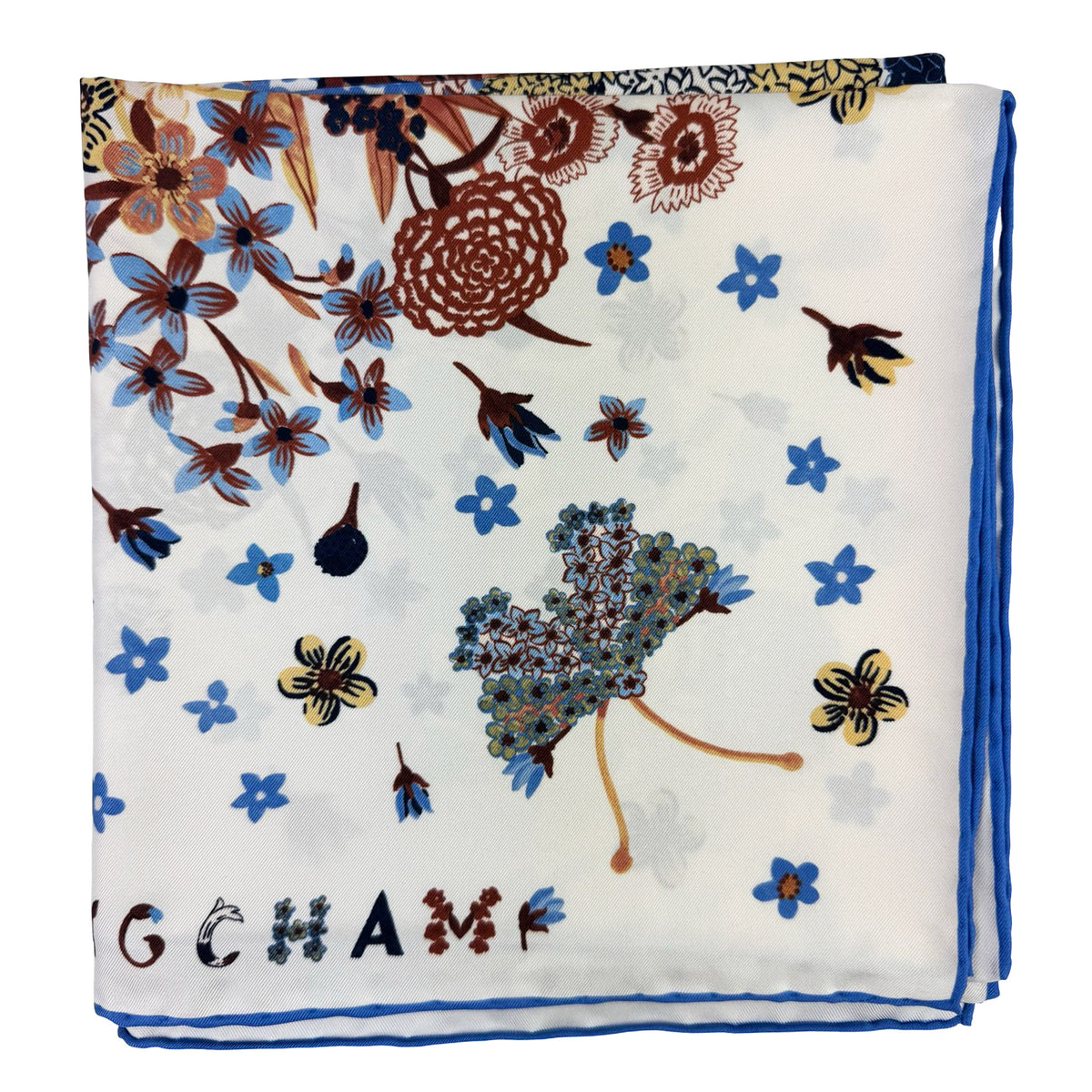 Longchamp Scarf Blue Rust Brown Botanical  - Square Twill Silk Foulard