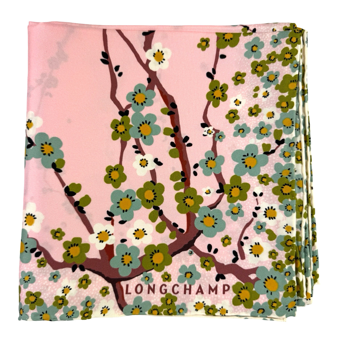 Longchamp Scarf Pink Green Mini Flowers &amp; Birds Design - Square Twill Silk Foulard