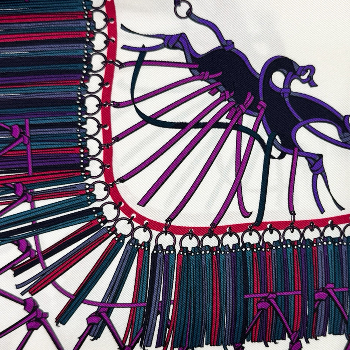Longchamp Scarf Purple and White Tassel &amp; Emblematic Horse Logo - Square Twill Silk Foulard