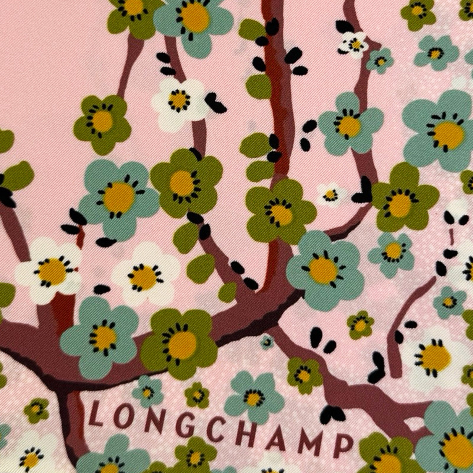 Longchamp Scarf Pink Green Mini Flowers & Birds Design - Square Twill Silk Foulard