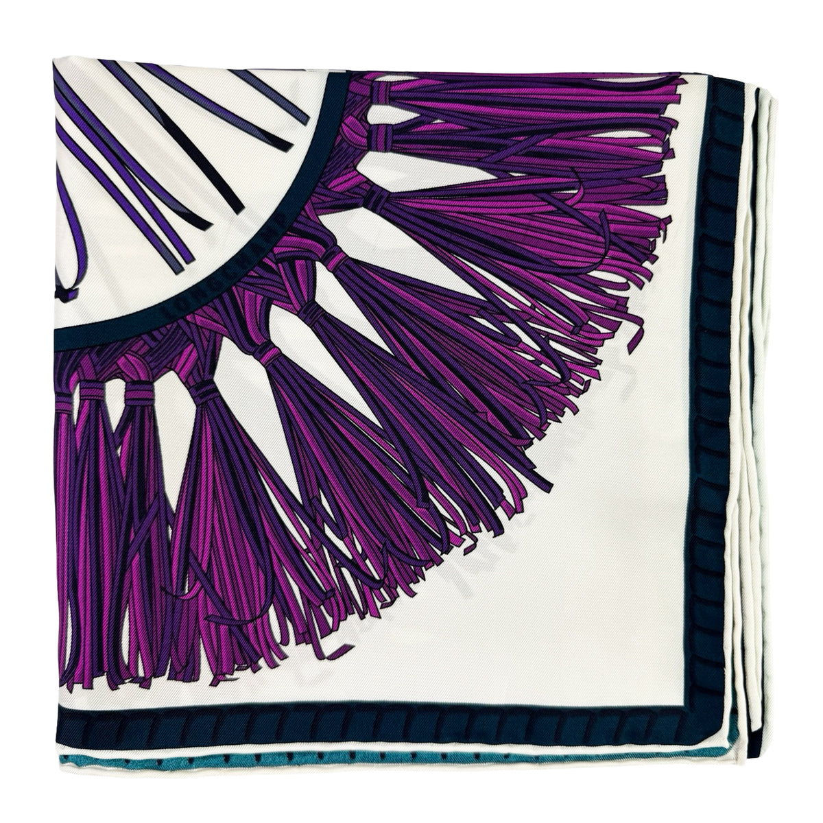 Longchamp Scarf Purple and White Tassel &amp; Emblematic Horse Logo - Square Twill Silk Foulard