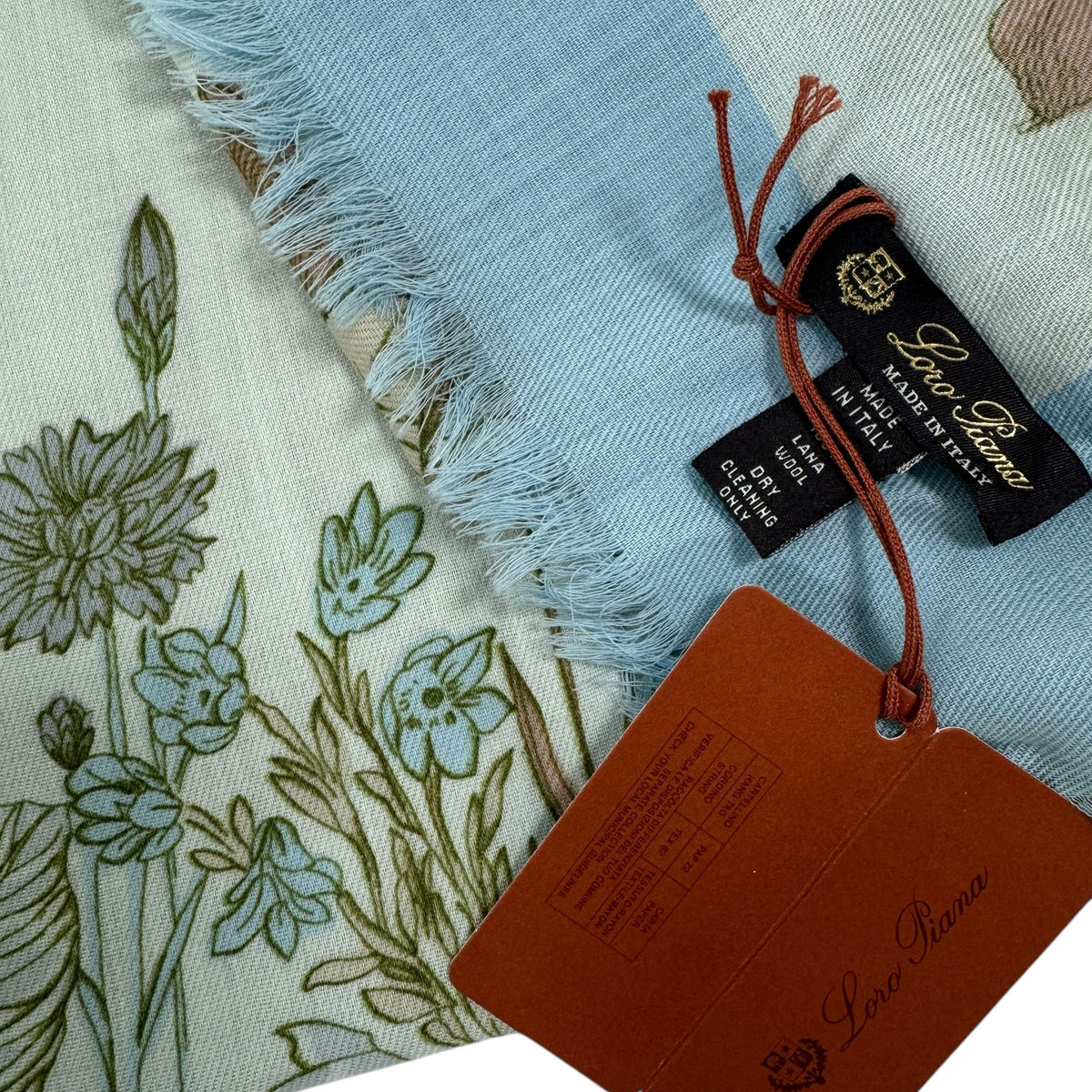 Loro Piana Wool Scarf White Light Blue Floral - Square Foulard