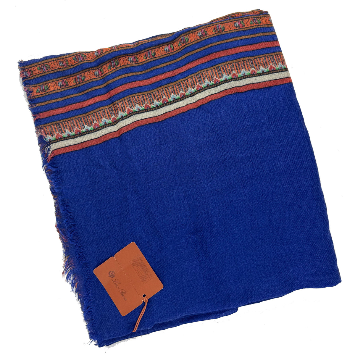 Loro Piana Scarf Royal Blue Rust Design Extra Large Cashmere Silk Shawl-  Women Collection