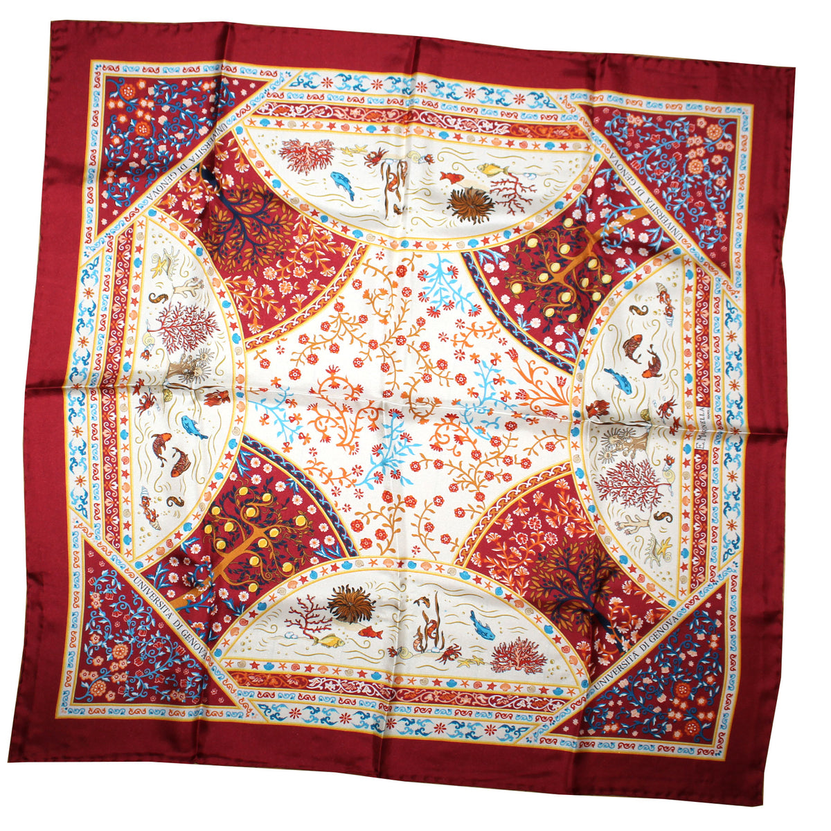 E. Marinella Scarf Bordeaux Marine Life &amp; Floral - Twill Silk Foulard FINAL SALE