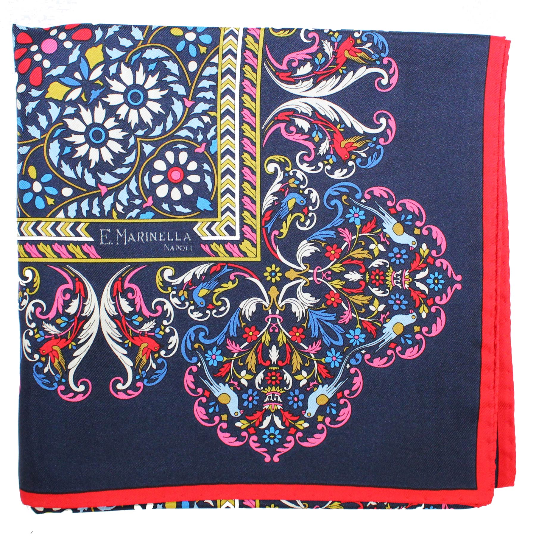 E. Marinella Scarf Navy Red Blue Bird Floral & Floral - Twill Silk