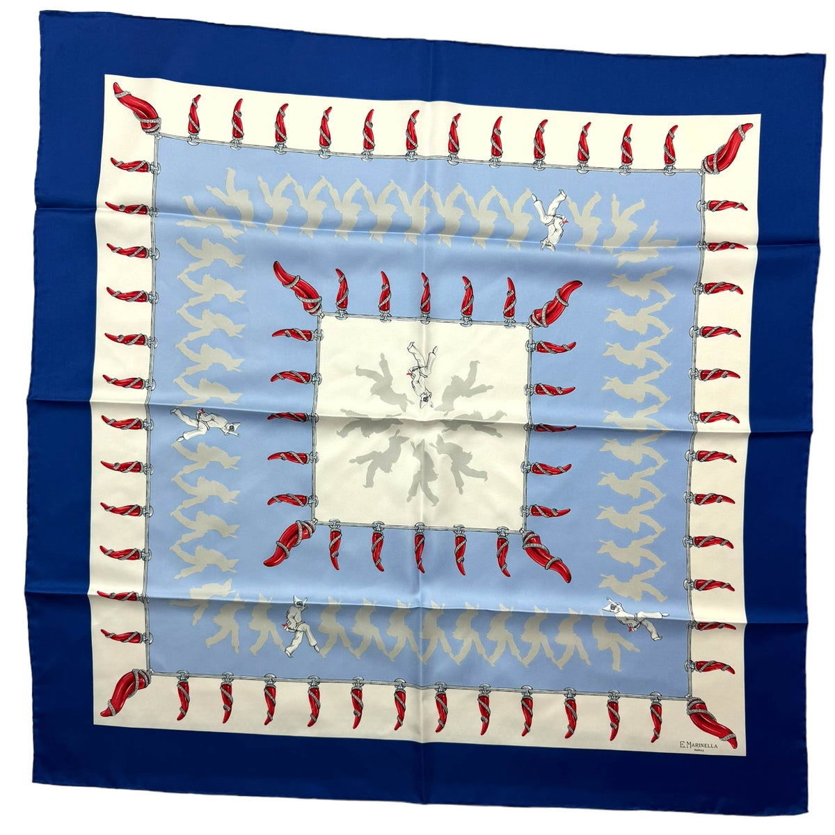 E. Marinella Scarf Royal Blue with Red Lucky Horn &amp; Pulcinella Mask - Twill Silk Foulard SALE