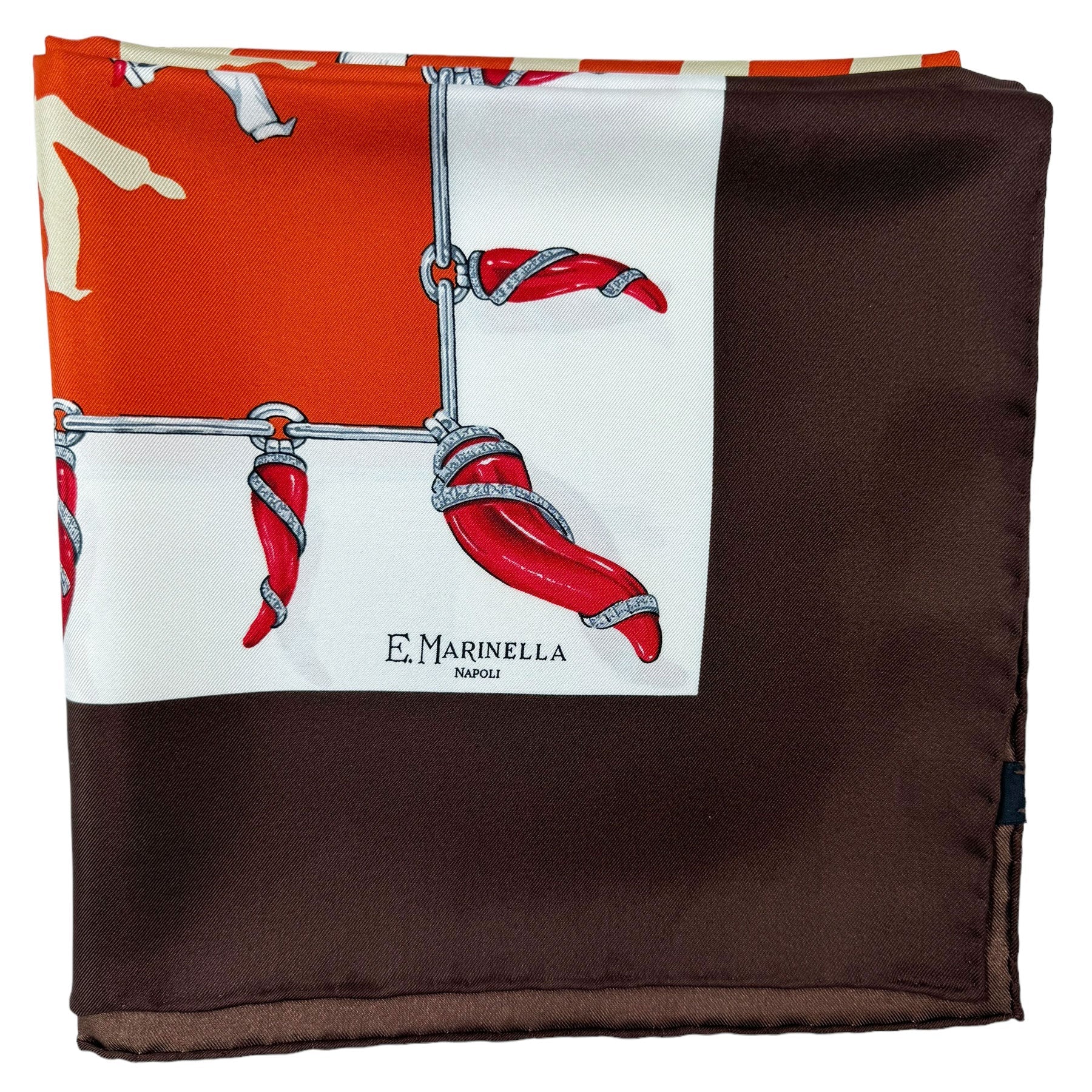 E. Marinella Scarf Dark Brown Lucky Horn & Pulcinella Mask - Twill