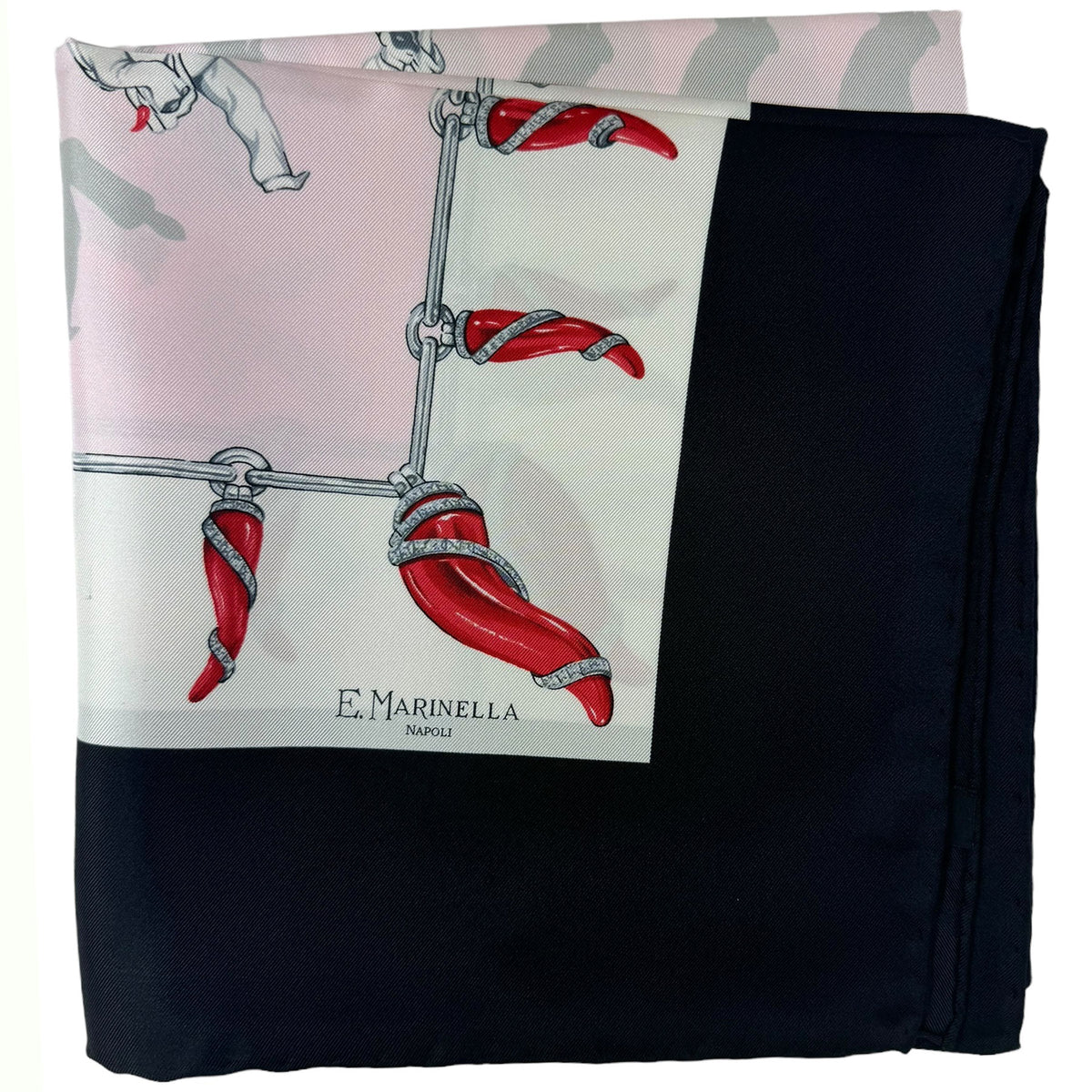 E. Marinella Scarf Black Pink Red Lucky Horn &amp; Pulcinella Mask - Twill Silk Foulard