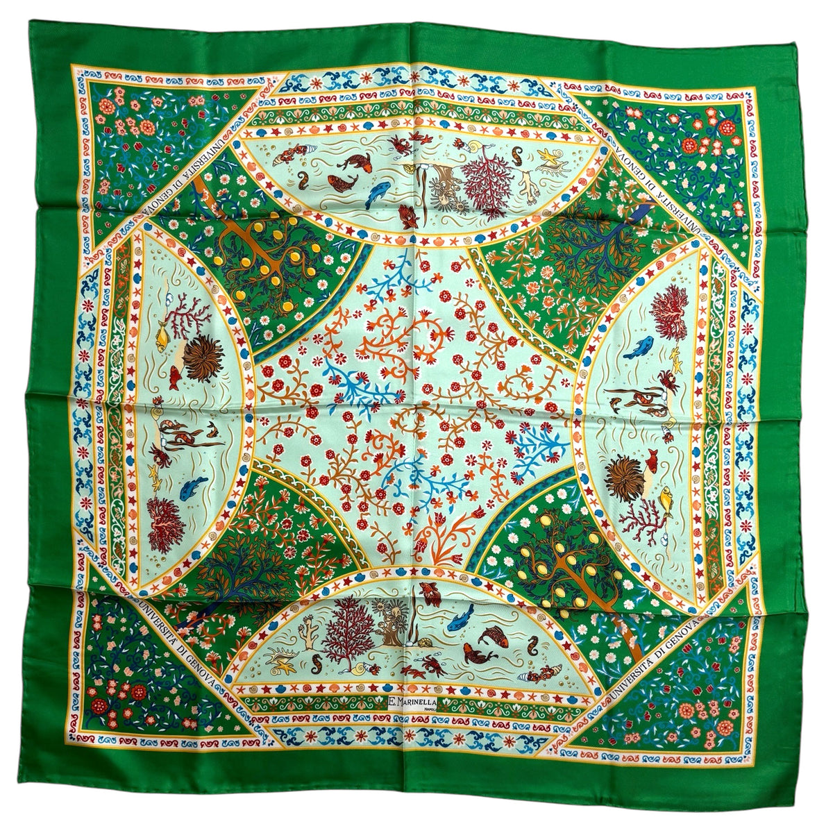 E. Marinella Scarf Green Marine Life &amp; Floral Twill Silk Square Foulard FINAL SALE