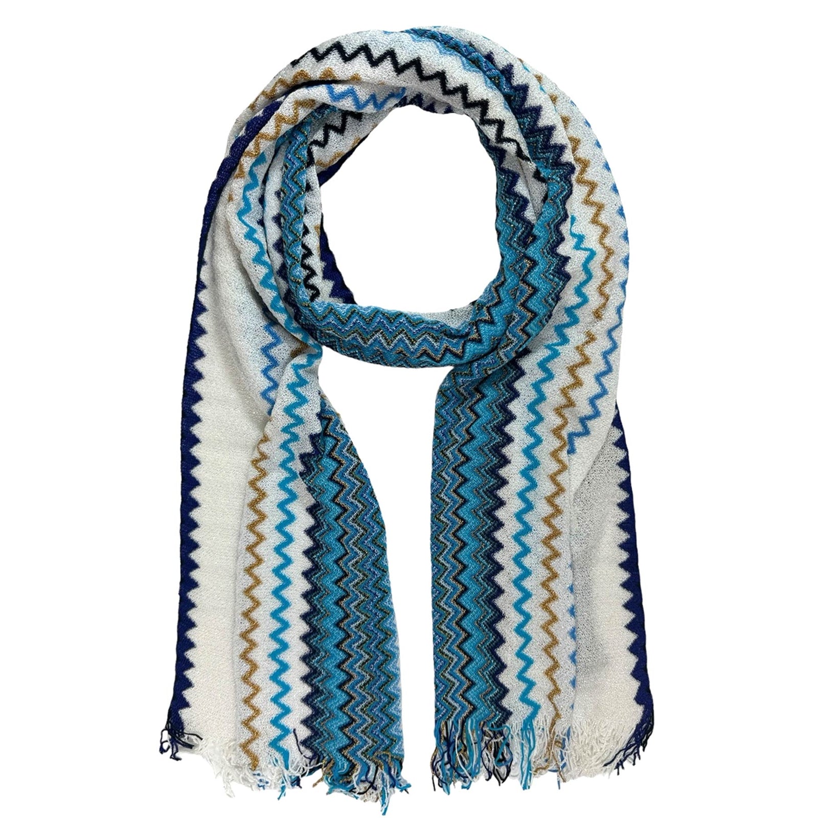 Missoni Scarf Aqua White Olive-Gold Chevron Design - Women Designer Shawl SALE