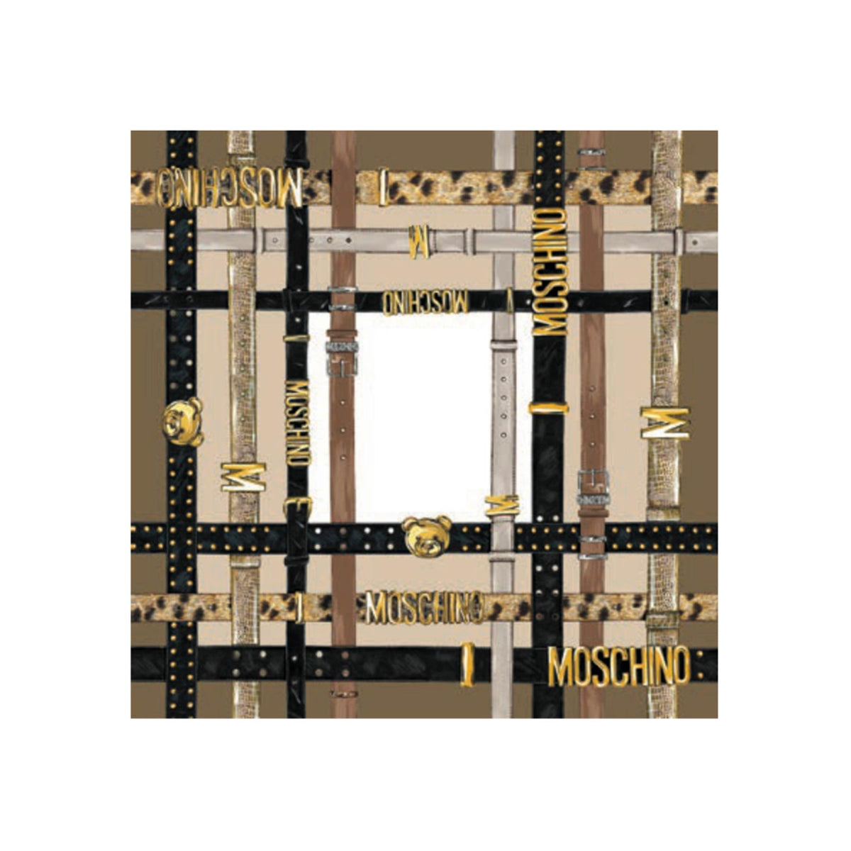 Moschino Small Scarf Brown Olive Belts With Gold MOSCHINO Design - Crepe Silk