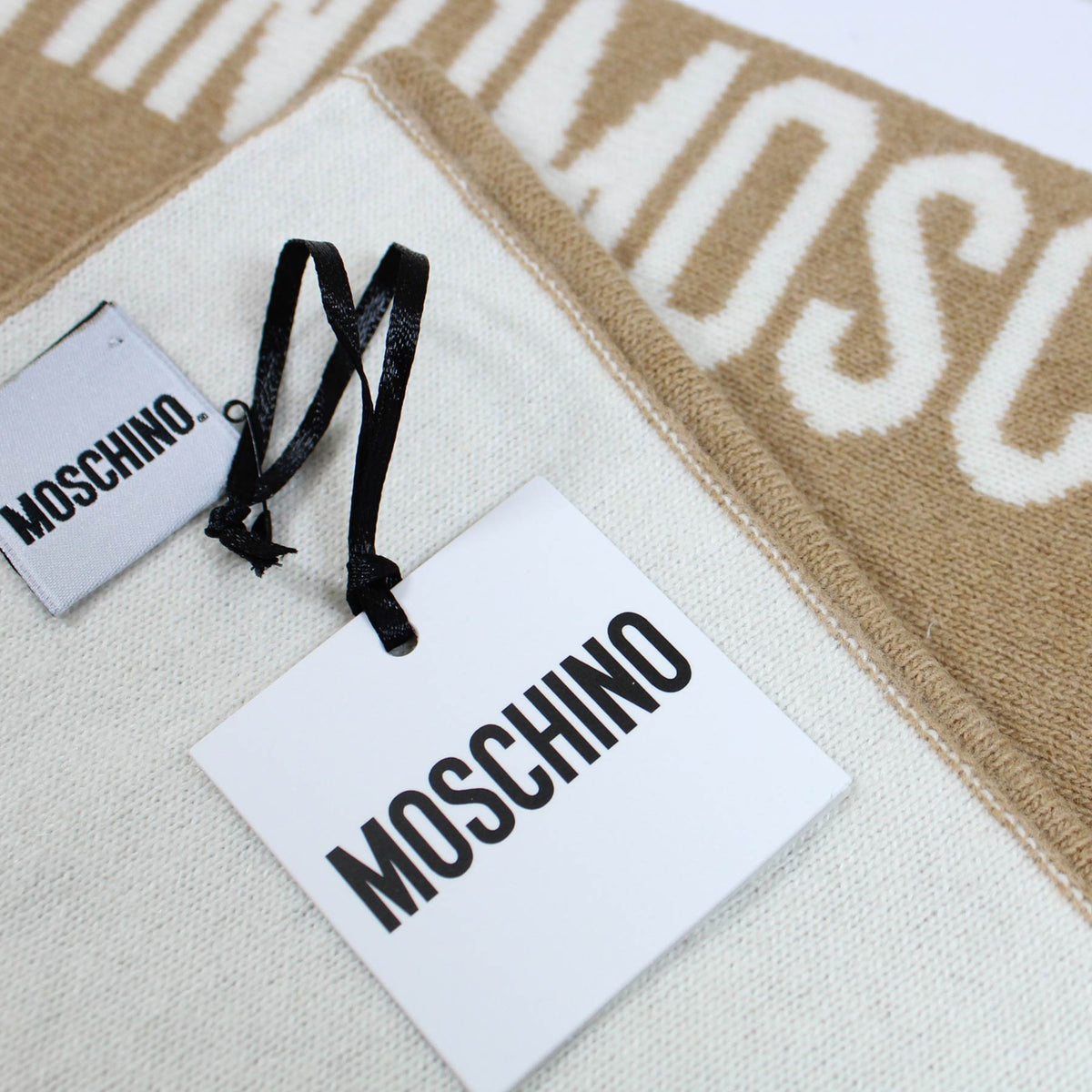 Moschino Wool Scarf Beige White Lettering Logo