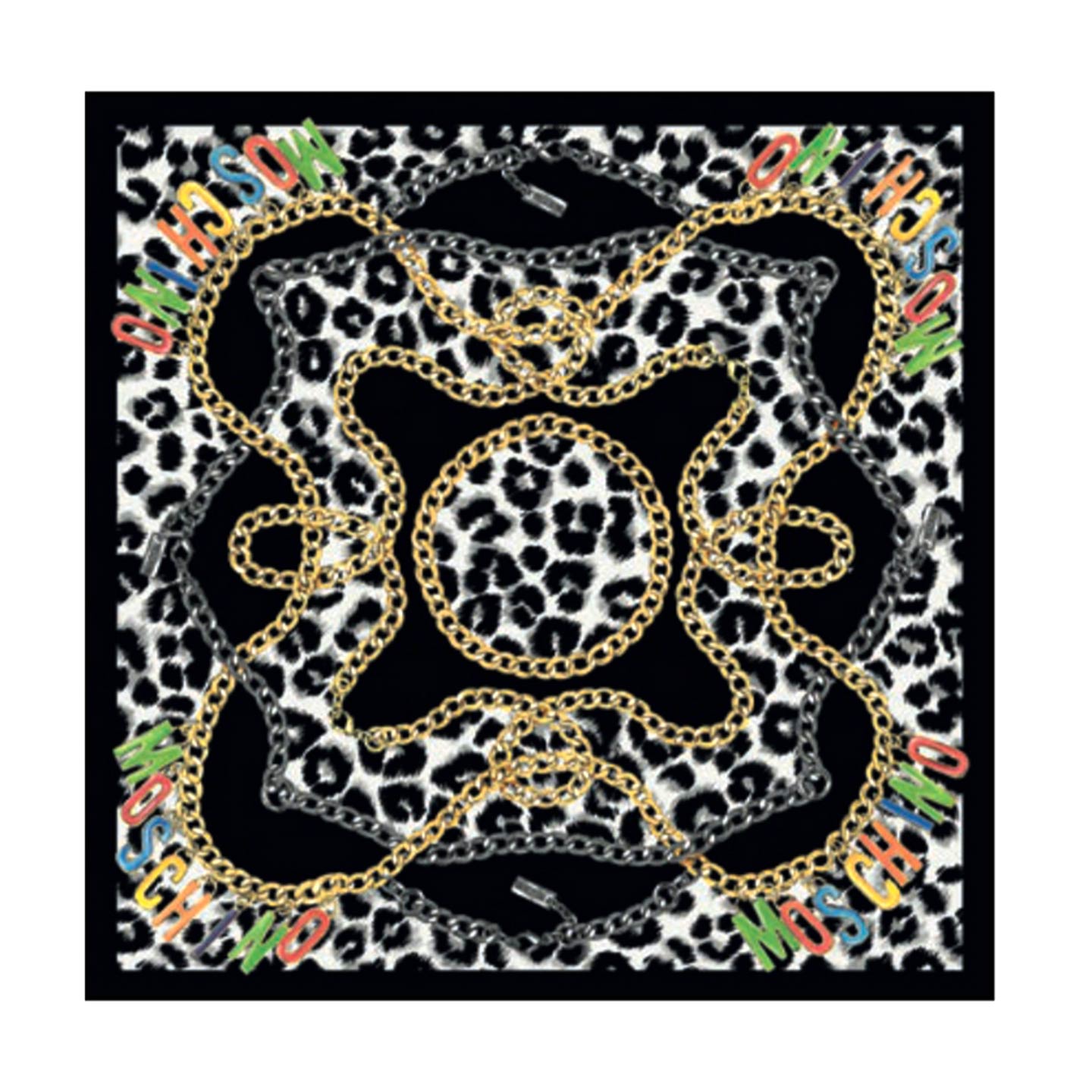Moschino Scarf Black Multi Colored Logo Design - Large Square Silk Foulard - 2023/24 Collection