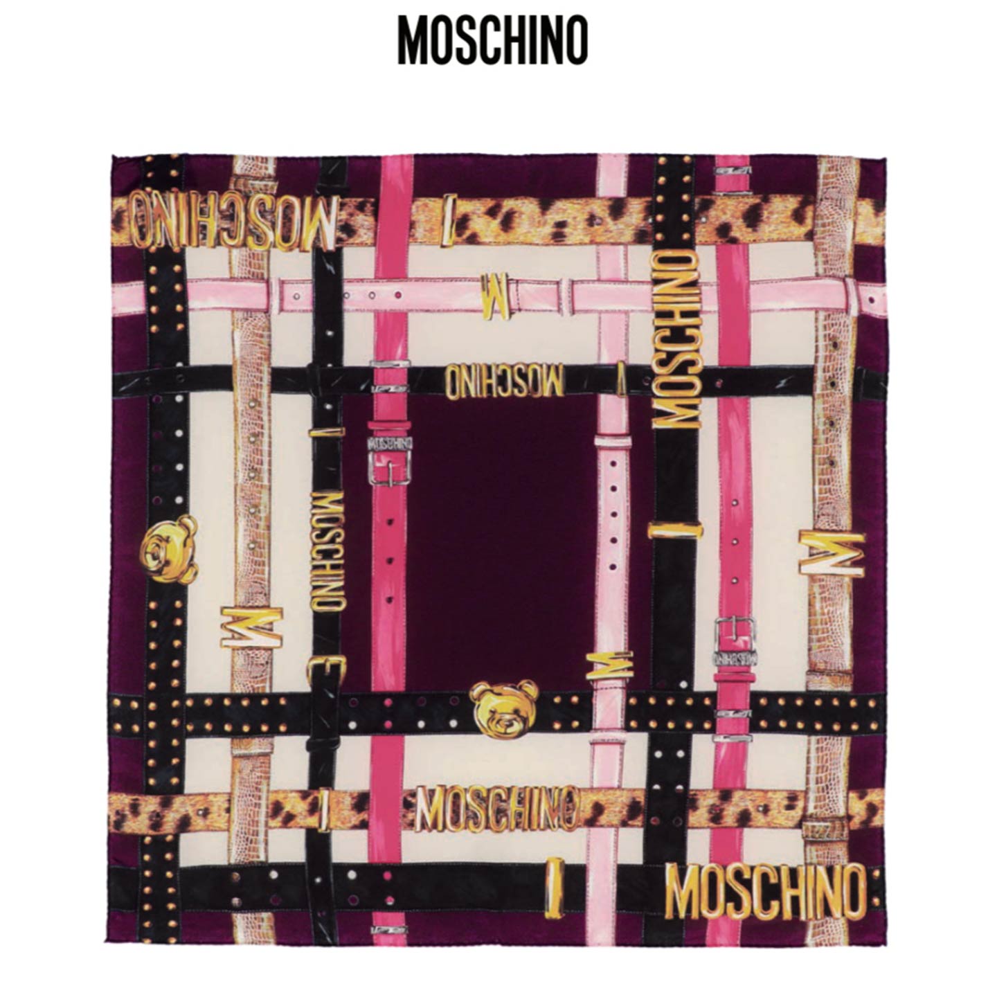 Moschino Scarf Black Brown Pink Logo Design - Large Square Silk Foulard - 2023/24 Collection