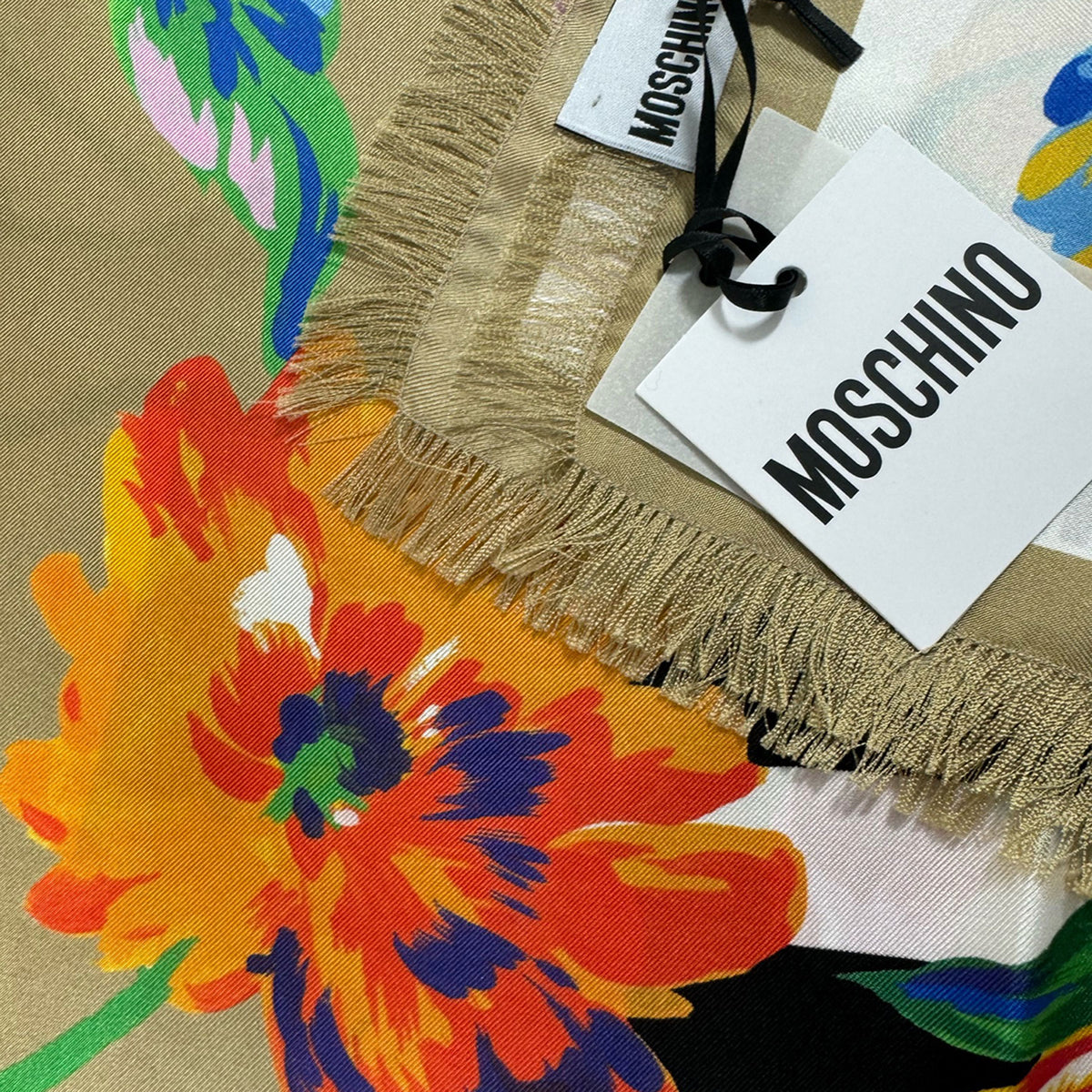 Moschino Scarf Ornamental Floral Taupe Square Silk Foulard With Fringe - SALE
