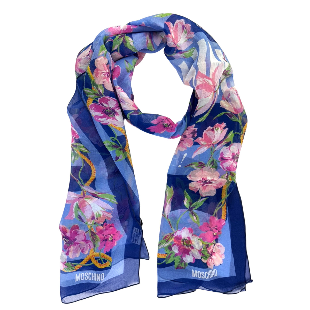 Moschino Scarf Blue Pink Floral - Light Weight Silk Shawl