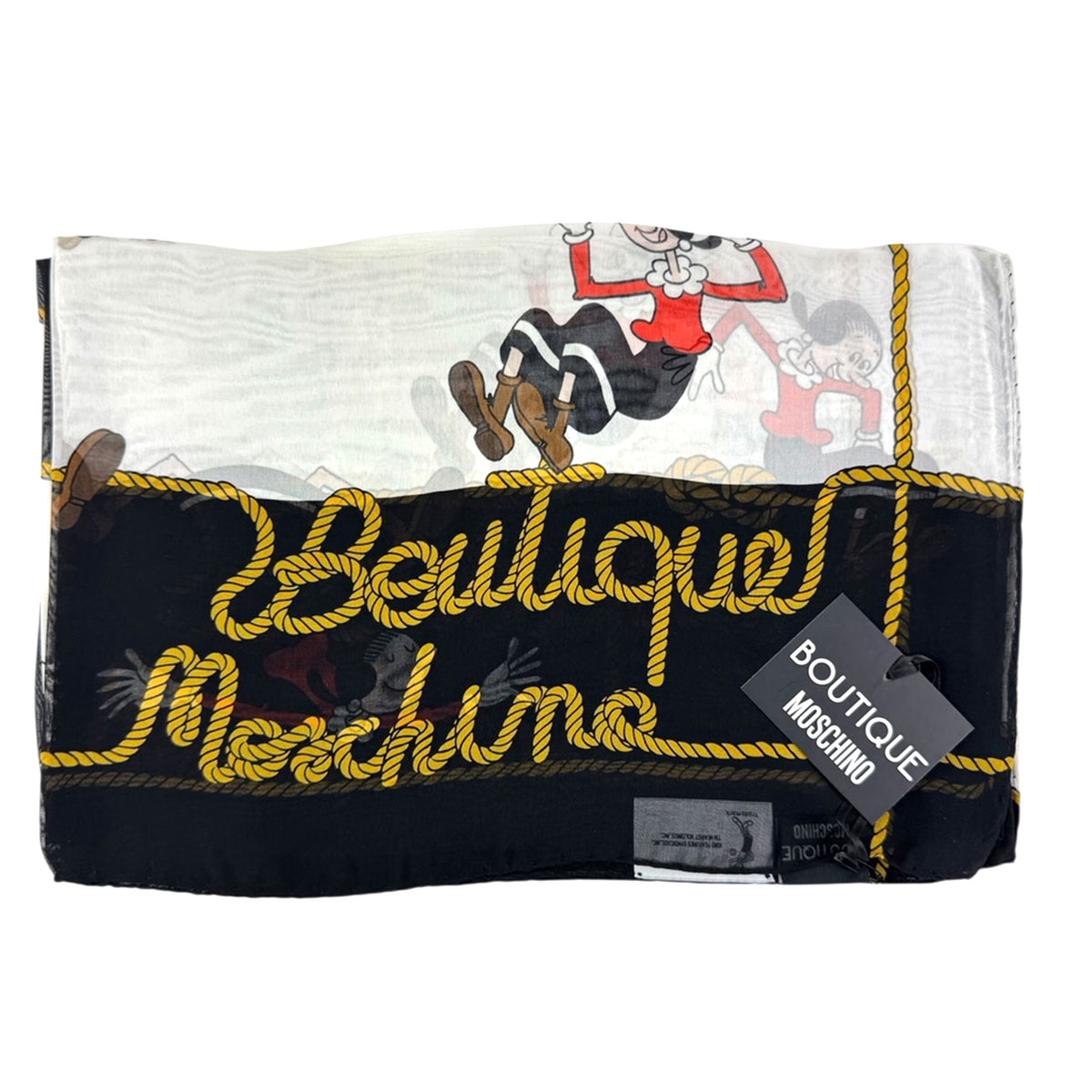 Boutique Moschino pouch with cartoon character and brand tag on a white background