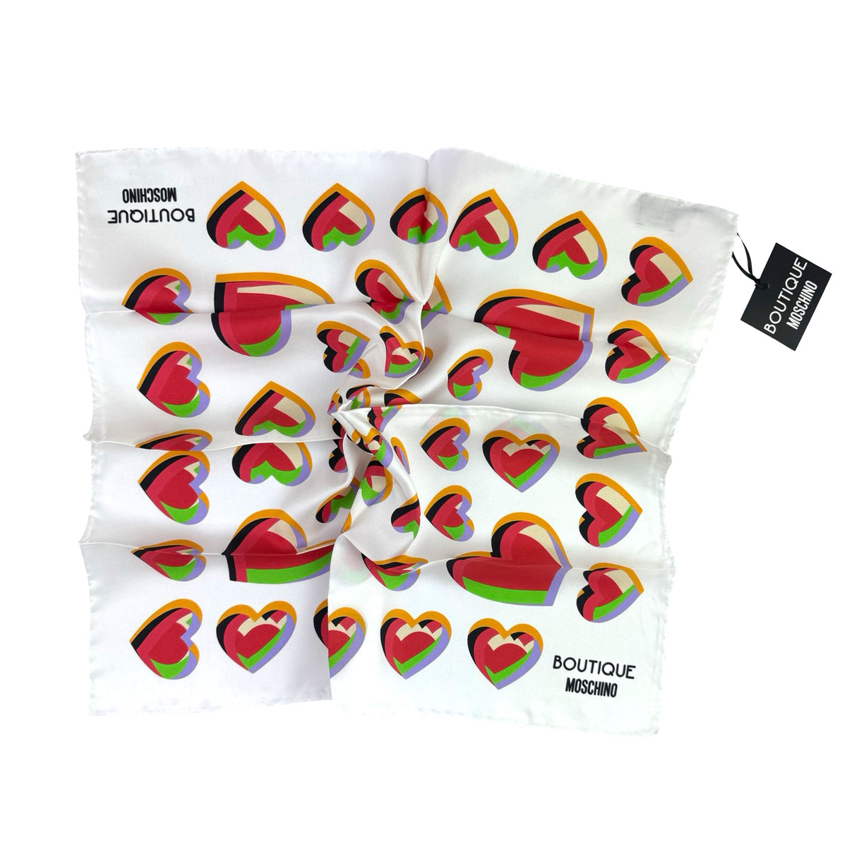 Moschino Small Silk Scarf White Hearts - Moschino Boutique