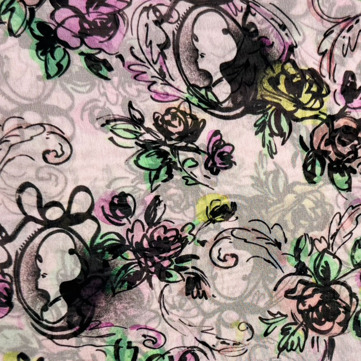 Moschino Scarf Pink Floral &amp; Portrait - Woman Shawl