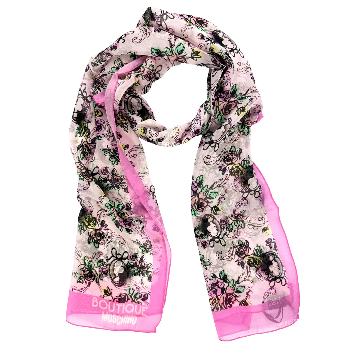Moschino Scarf Pink Floral &amp; Portrait - Woman Shawl